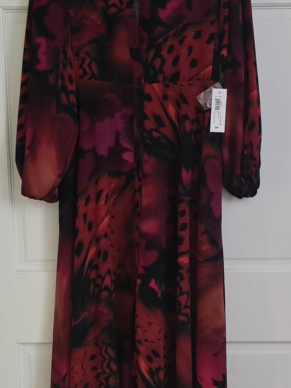 Long Sleeve Red & Pink Patterned Midi Dress